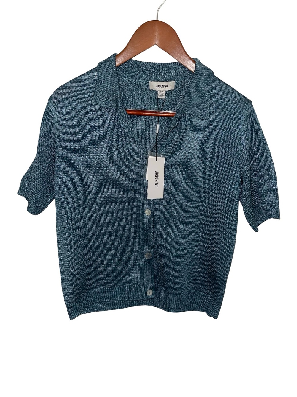 NWT Jason Wu Short Sleeve Knit Cardigan Polo Shirt Teal Blue size M